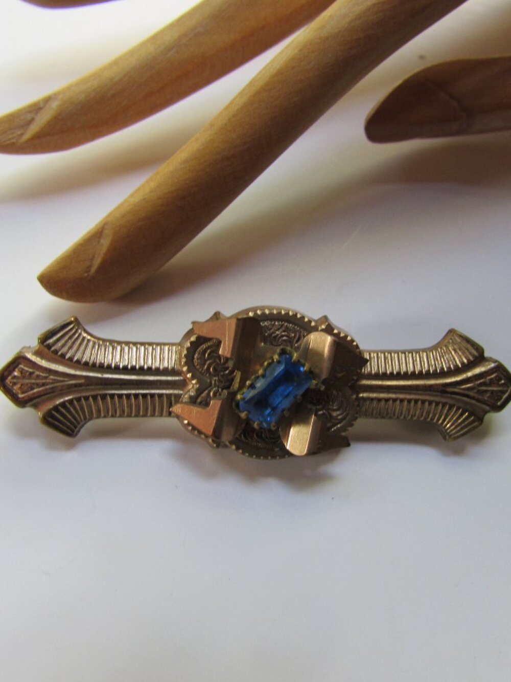 Turn of Century Bar Pin Gold Tone Mount Blue Stone